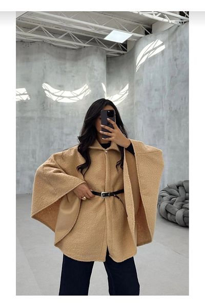 Butik Beyza Кимоно пончо с колан и букле от единично копче