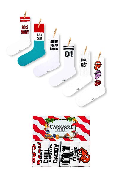 CARNAVAL SOCKS Σετ 6 κάλτσες τένις με μόδα και στυλ, γραπτές