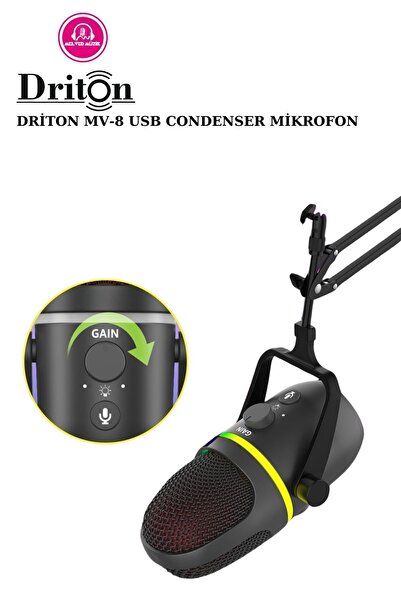 DRİTON Driton Youtuber Mikrofon Mv-8 Siyah Usb Rgb Dinamik Cardioid Condenser Podcast Yayıncı Mikrofonu