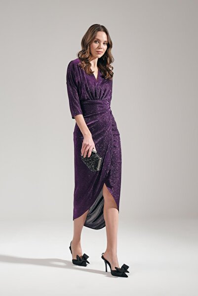 EXPLOSION Parlak Simli Dokulu Anvelop Etekli Truvakar Kollu Midi Boy Şık Elbise