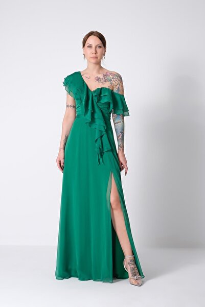 EXPLOSION Tek Omuz Volanlı Parlak Şifon Maksi Boy Abiye Elbise