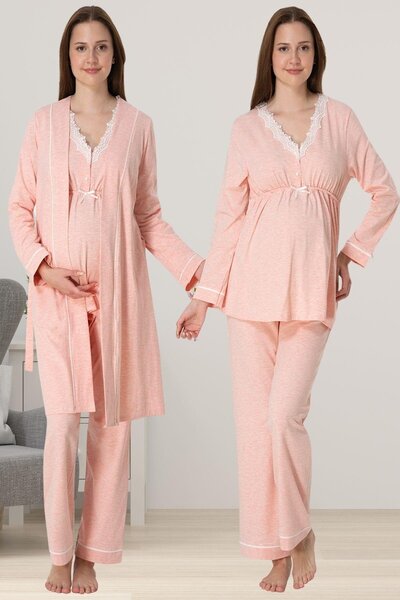 Generic Brand Women's Lace Detailed Ribbed Salmon Maternity Sleepwear Set