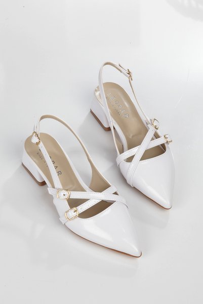 leopar by çetinay Women's White Patent Leather Cross Strap New Season Short Heeled Shoes