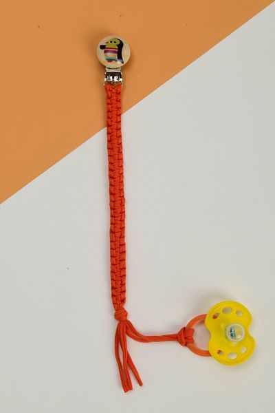 e&f Store Hand Knitted Natural Wooden Pacifier Holder - Penguin - Orange