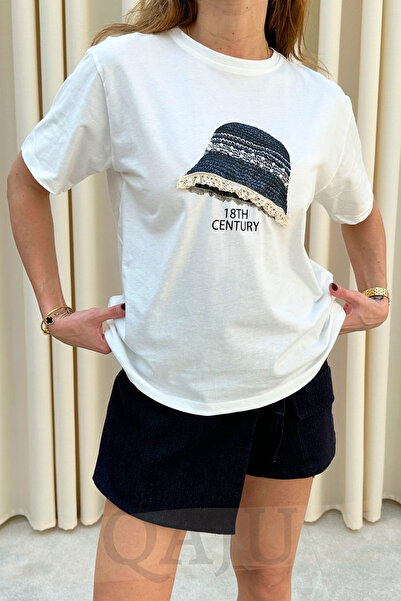 Qaju Women's Ecru Lace Embroidered Crew Neck T-Shirt (T-Shirt)