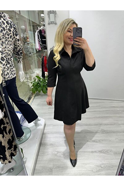 SBUTİK Siyah Yarım Kollu Yaka Detay Nubuk Süet Elbise stp 25k2391