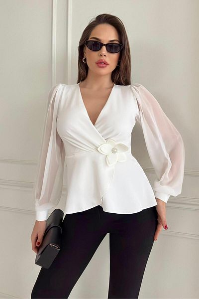 ZISHAN Bluză de damă drapată cu două piept și broșă cu flori - 036