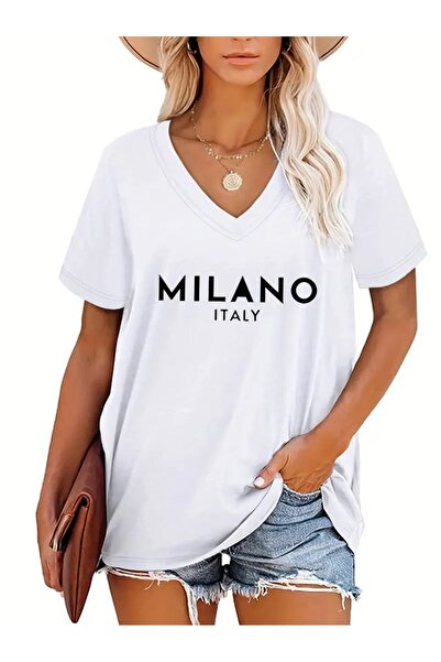 mercoledi تي شيرت أبيض كبير الحجم مطبوع برقبة على شكل حرف V - كاجوال Boyfirend