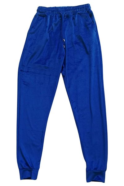 Royaleks Shiny Velvet Pocket Trousers Sweatpants Pajama Bottoms Plus Size Unisex Elastic Leg Blue