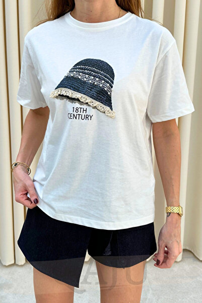 Qaju Women's Ecru Lace Embroidered Crew Neck T-Shirt (T-Shirt)