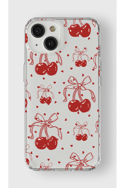moonset Iphone 15 Plus Uyumlu Kiraz ve Kalpler Tasarımlı Baskılı Şeffaf Telef...