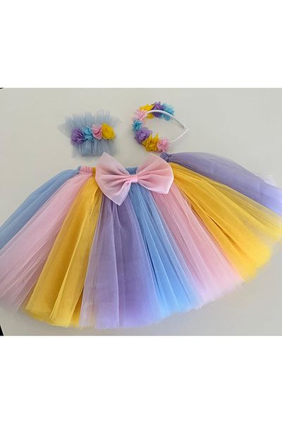 Sare Çocuk Giyim Girl's Colorful Tutu Fluffy Princess Skirt Bracelet and Crown Set of 3 (1-8 Years)