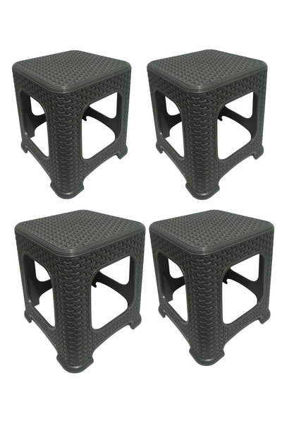 DNG STORE 4 Adet Orta Boy Tabure Hasır Desenli Plastik Tabure 33 Cm Yükseklik Antrasit Gri