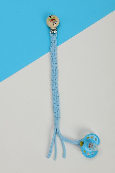 e&f Store Hand Knitted Natural Wooden Pacifier Holder - Owl - Blue