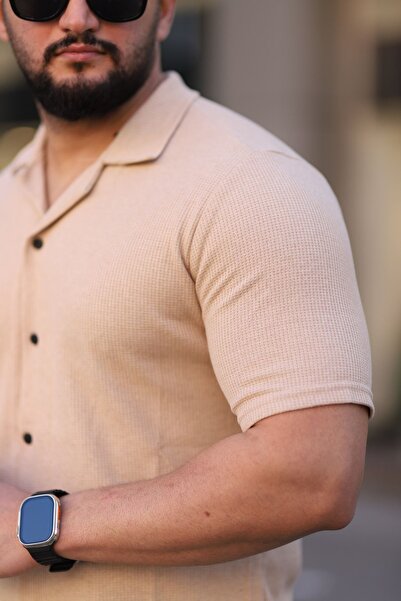 Trendseninle Men's Beige Knitted Short Sleeve Shirt