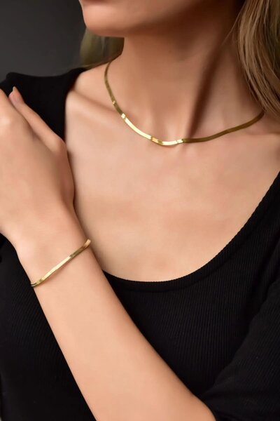 By Zeyna Aksesuar قلادة وسوار نسائي 316 L Steel Vip Series سلسلة إيطالية مضادة للحساسية ومضادة للتشويه (45 سم + 7 سم)