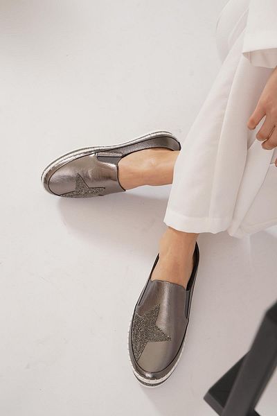 Moda Pie Platinum Metallic Stone Star Patterned Women's Ballerinas - Star Side Rubber