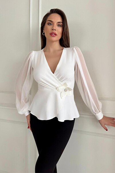 ZISHAN Bluză de damă drapată cu două piept și broșă cu flori - 036