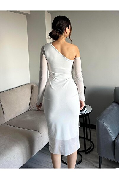 AB LOOKS Kadın Tek Omuz Asimetrik Kol Drapeli Esnek Uzun Kollu Tül Elbise Astarlı Maxi Tül Elbise