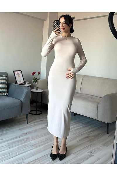 AB LOOKS Γυναικείο μπεζ με κούμπωμα στα δάχτυλα που εφαρμόζει στο σώμα ελαστικό μαλακό μακρυμάνικο μάξι μακρύ φόρεμα Basic μακρύ φόρεμα
