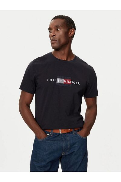 Tommy Hilfiger Men's Navy Blue T-Shirt - 100% Cotton, Crew Neck, Logo Detail, Short Sleeve Mw0Mw36455-Dw5