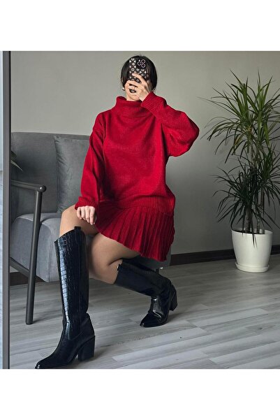 AB LOOKS Kadın Kırmızı Kalın Kışlık Kazak Ve Pileli Mini Etek Ikili Takım Pamuk Kışlık Boğazlı Alt Üst Triko