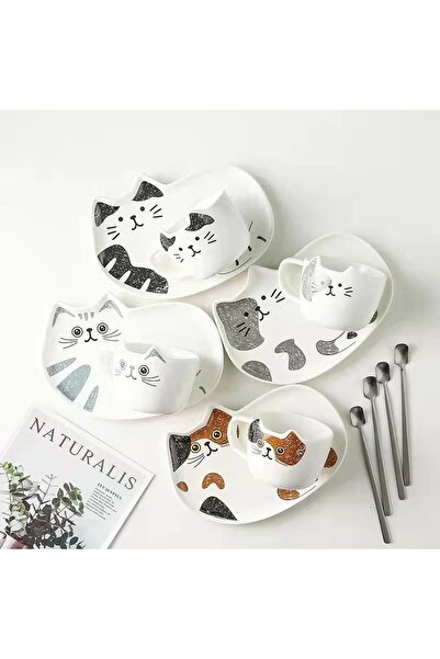 hediyesahibi Sunum Tabaklı Kedi Tasarım Kupa Bardak-Karışık