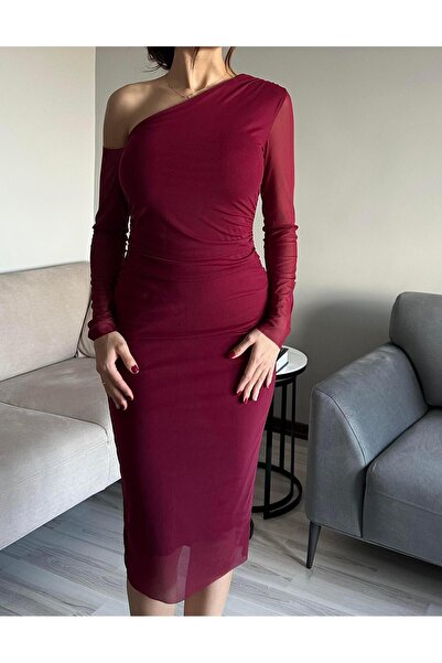 AB LOOKS Kadın Bordo Tek Omuz Asimetrik Kol Drapeli Esnek Uzun Kollu Tül Elbise Astarlı Maxi Tül Elbise