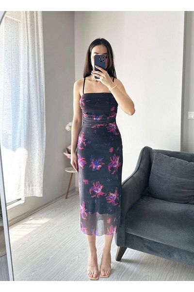 AB LOOKS Μαύρο φλοράλ στάμπα ελαστικό μίντι τούλι φόρεμα - Καλοκαίρι, φόδρα και ζαρτιέρες Νέα σεζόν