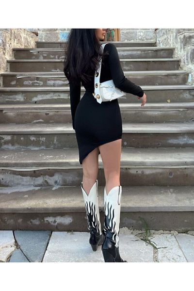 WEAR AND WEAR Γυναικείο μαύρο ασύμμετρο σώμα που εφαρμόζει ελαστικό μακρυμάνικο μίνι φόρεμα ασύμμετρης κοπής που δεν εμφανίζει εσωτερικό