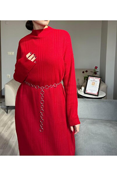 Genel Markalar Kadın Kırmızı Kalın Kışlık Pamuk Triko Oversize Salaş Uzun Elb...