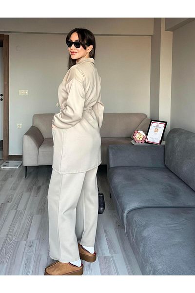 AB LOOKS Γυναικείο πέτρινο χρώμα με δεμένο στη μέση με ζώνη μπουφάν και παντελόνι Hijab διπλό κοστούμι με κουμπιά στο κάτω μέρος