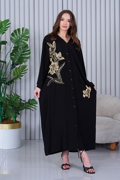 AYASOFYA OTANTIK Rochie cămașă lejeră supradimensionată cu broderie neagră pentru femei