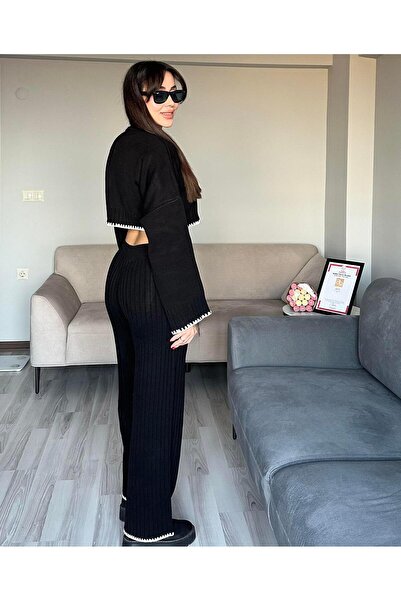AB LOOKS Kadın Siyah Nakışlı Kalın Kışlık Crop Triko Kazak Ve Palazzo Pantolo...