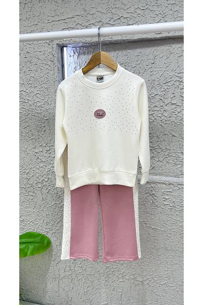 sinmm Girl's Powder Colored Tracksuit Set - Stone Detailed Star 2-Piece Bottom-Top Set