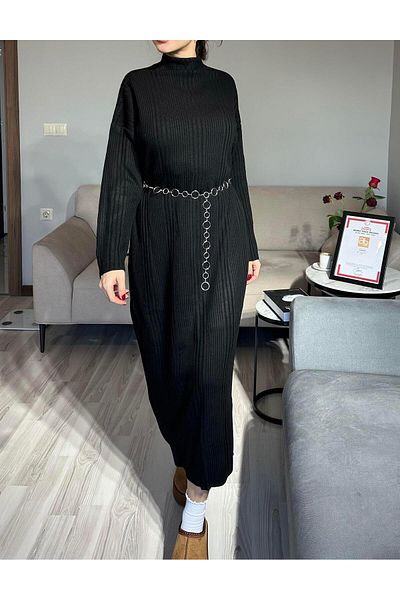 AB LOOKS Μαύρα βαμβακερά πλεκτά - Φόρεμα Hijab Oversize Cutout Maxi Length