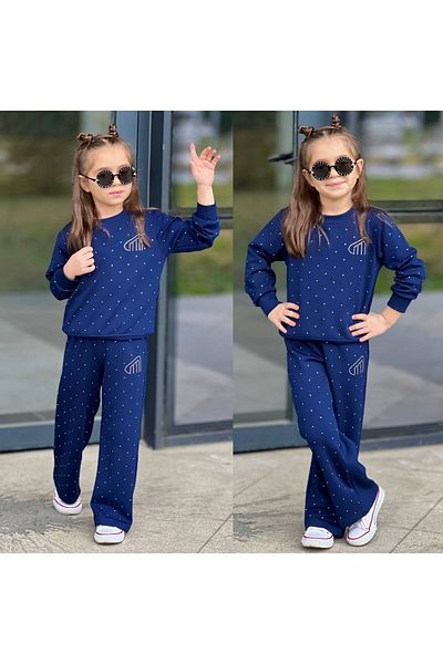 sinmm Navy Blue Girls' Tracksuit Set - 2-Piece Bottom-Top Set with Stone Detail
