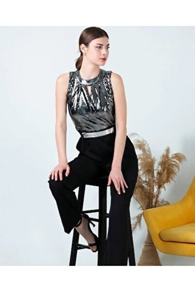 ZY BUTİK Black - Silver Sleeveless Stylish Belted Jumpsuit