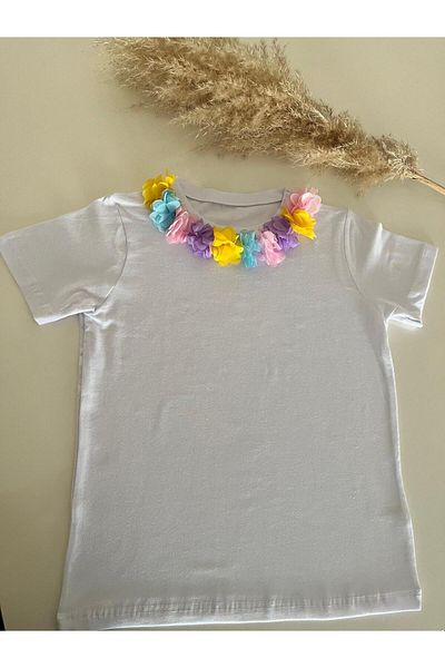 Sare Çocuk Giyim Girls' Short Sleeve White T-Shirt with Flower Detail on the Shoulder (1-10 Years)