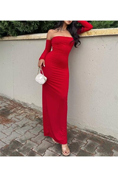 WEAR AND WEAR Women's Red Madonna Collar Body-Sitting Stretchy Long Sleeve Ma...