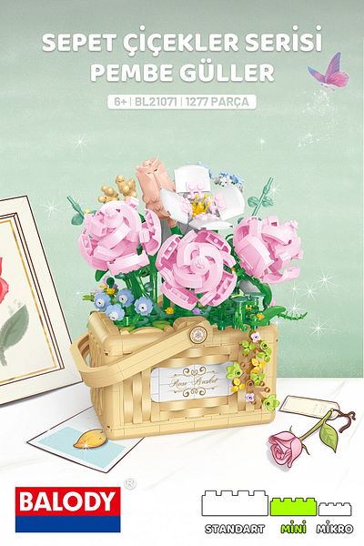 balody Basket Flowers Series – Pink Roses (Bl21071) Mini Block Building Toys Set
