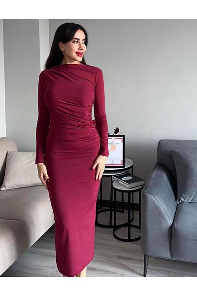 AB LOOKS Women's Burgundy Draped Body-Fitting Stretchy Long Sleeve Maxi Long Kylie Dress Stylish Long Dress