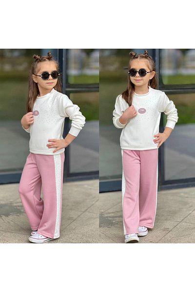sinmm Girl's Powder Colored Tracksuit Set - Stone Detailed Star 2-Piece Bottom-Top Set