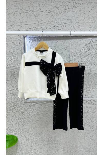 sinmm Ribbon and Stone Detail 2-Piece Bottom-Top Girl's Suit Black-White Color