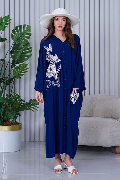 AYASOFYA OTANTIK Rochie cămașă lejeră supradimensionată cu broderie albastru bleumarin pentru femei