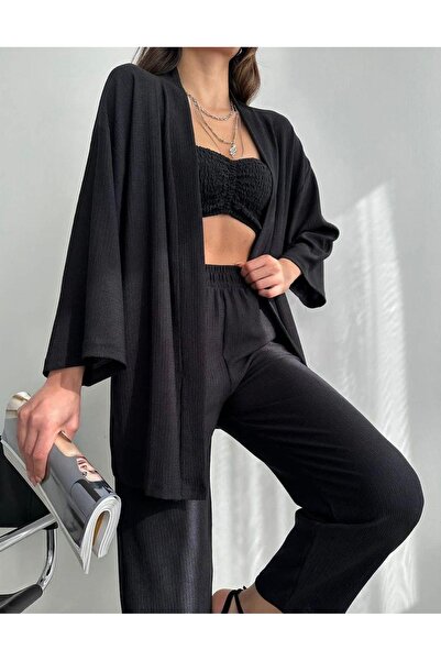 AB LOOKS طقم كيمونو أسود للسيدات من Tile، بنطلون بخصر مطاطي وجيب علوي، طقم مك...