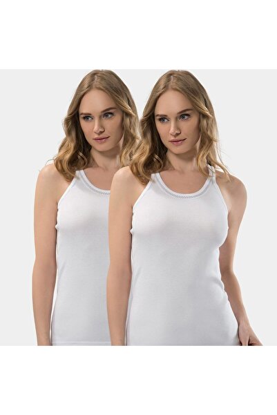 TÜREN Women's Stripe Detailed Thin Strap Camisole 2-Piece Cotton Undershirt 204/White