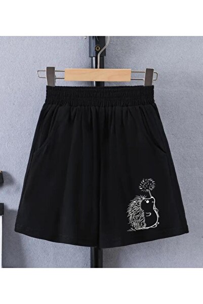 caddekombin Γυναικείο μαύρο σορτς με στάμπα Hedgehog Comfort Fit με τσέπες και κορδόνι