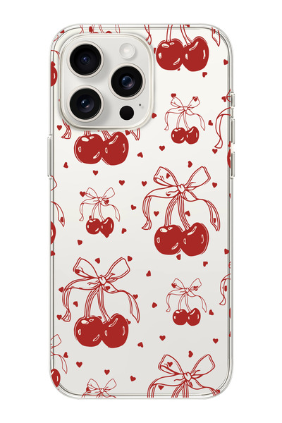 moonset Iphone 15 Pro Max Uyumlu Kiraz ve Kalpler Tasarımlı Baskılı Şeffaf Te...