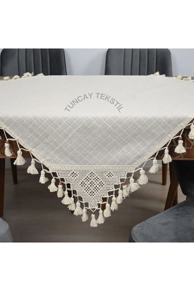 TUNCAY TEKSTİL Hand Lace Hand Tied Fringed Tasseled Fiskos Square Cover Cloth Finding Linen Small Tablecloth